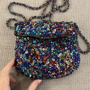 Vintage Beaded Crossbody Black Sequin Purse Holiday Evening Bag Event Clutch